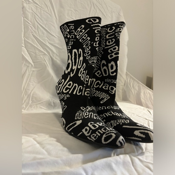 Black Balenciaga Sock Boots with Brand Name in White - Picture 4 of 7